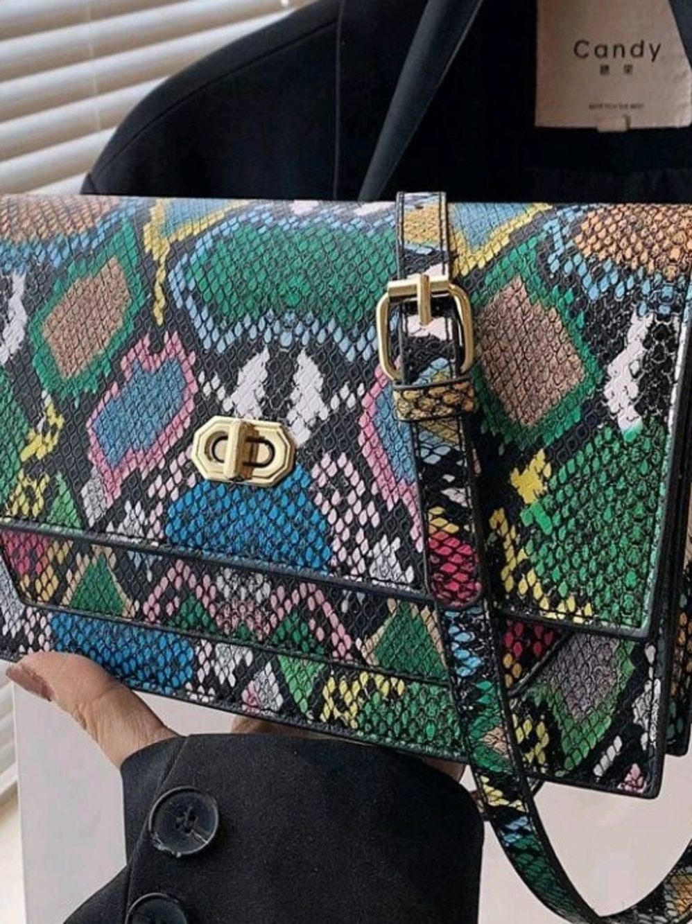 Multicolor Snake-Print Crossbody Bag with Gold Hardware